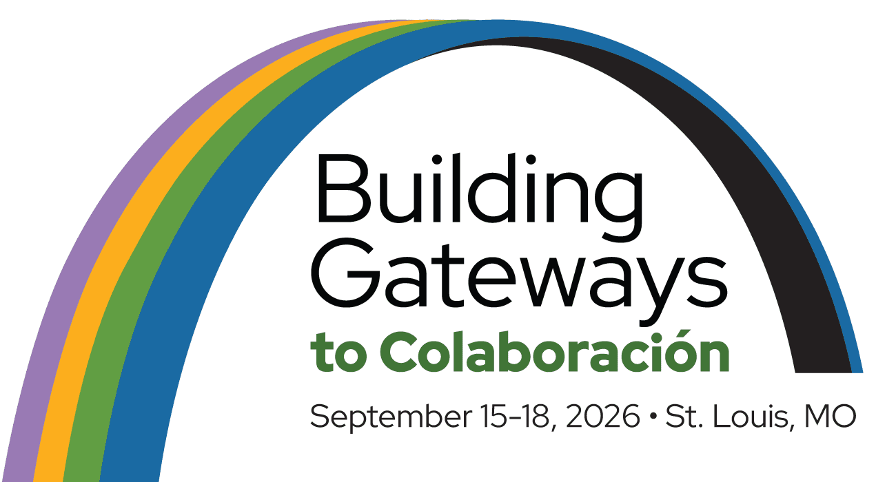 illustration of an arch with bands of color and text that reads building gateways to colaboracion