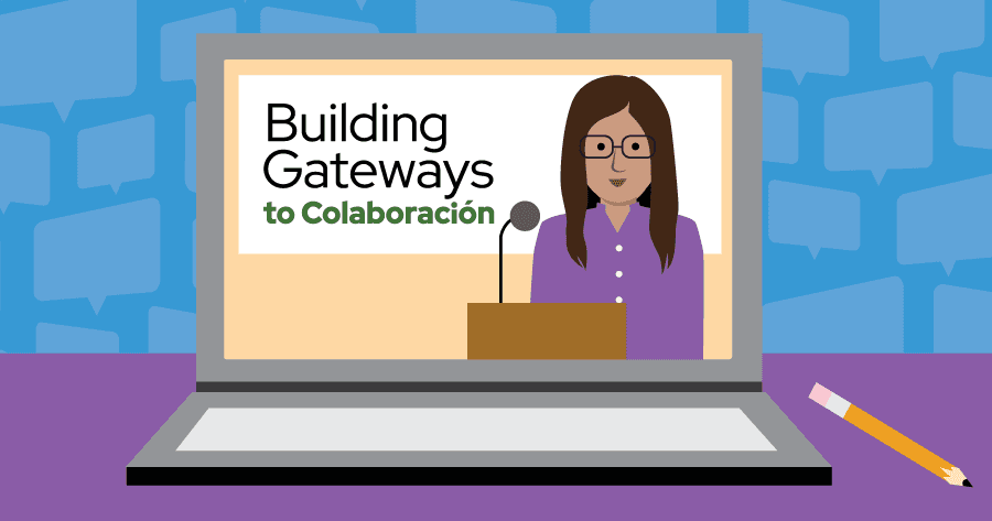 Illustration of a laptop displaying a speaker and the words Building Gateways to Colaboración